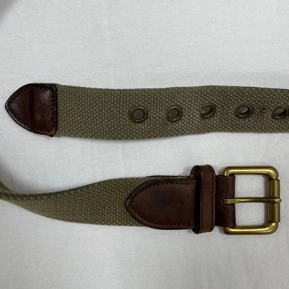 J Crew Woven Webbed Elastic Leather Belt with Square Buckle Made in USA Khaki - Picture 6 of 7